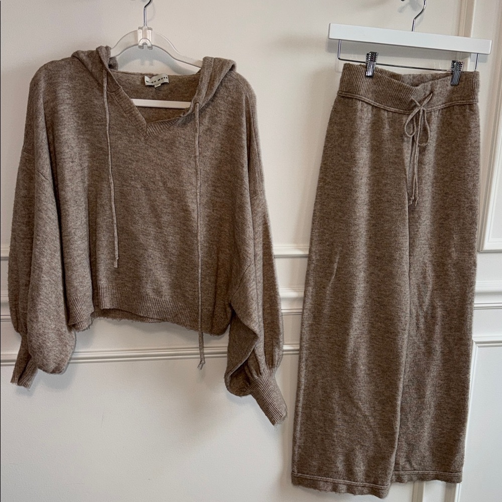 Cozy Taupe Knit Hoodie & Wide-Leg Pants Set
